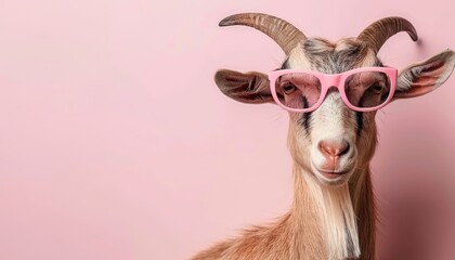 Funny goat wearing sunglasses on pastel color background with copy space for text