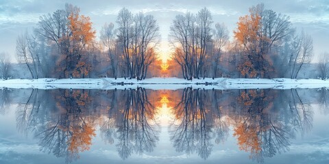 Nature's Reflections - Mirrored Scenery Background - Reflective Essence - Twilight Lighting - Symmetrical 