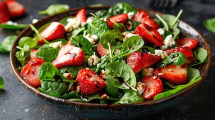 A vibrant salad with baby spinach, strawberries, goat cheese, and a balsamic reduction