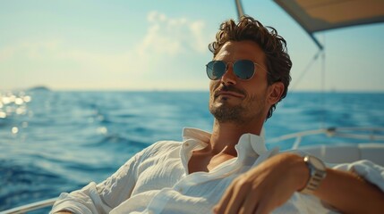 A stylish man in a casual linen shirt and sunglasses relaxes on a luxurious yacht.
