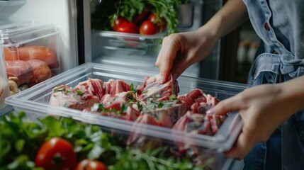 A woman puts a raw piece of meat in a plastic container in the refrigerator.