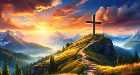 Amazing Mountain cross silhouette against majestic sunset sky - obrazy, fototapety, plakaty