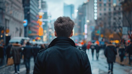 A young man in a black coat walks in a crowd along the street of a big city
