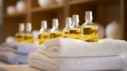 bottles of spa massage oil on the table