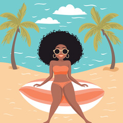 AfricanAmerican woman relaxing beach palm trees, wearing swimsuit sunglasses. Beach vacation summer fashion vector illustration