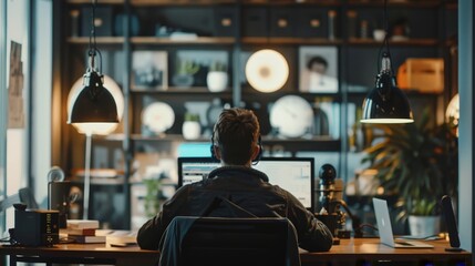 a man sitting at a desk with a computer - obrazy, fototapety, plakaty