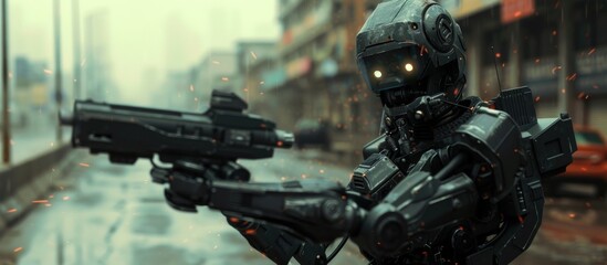 Naklejka premium 3D illustration a cyberpunk soldier of science fiction military robot patrolling city at day time.