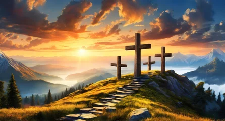 Fotobehang Bright Christian crosses on hill outdoors at sunrise, Resurrection of Jesus, Concept photo © Abu