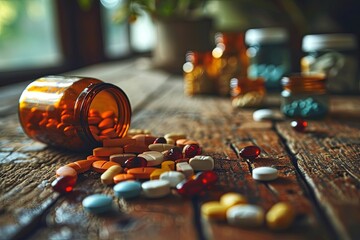 Assorted of Colorful different medicines pills and supplement capsule background - obrazy, fototapety, plakaty