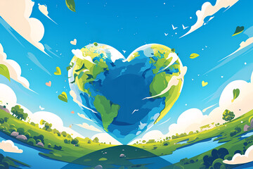 Flat  illustration of Earth in the shape of a heart. Environmental care and holiday concept for Earth Day event.