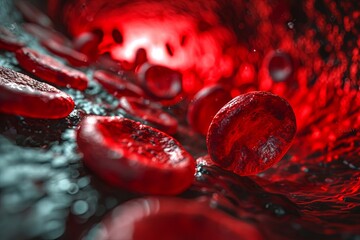 3d rendering of red blood cells flowing in a vessel with depth of field. Medical health care concept.