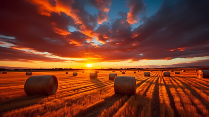 Golden hay bales in rural field with blue sky