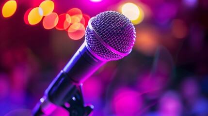 Obraz premium Spotlight on microphone stand in auditorium with expectant audience, live performance ambiance