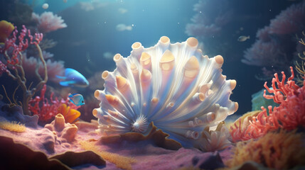 Fototapeta na wymiar Shiva shell settled on a bed of colorful coral