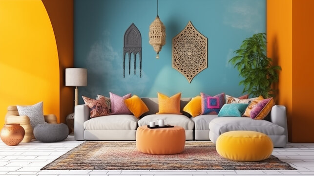 Fototapeta Jasny salon boho - marokański mockup dla obrazu na ścianie. Żółty i niebieski kolory wnętrza. Render 3d. Wizualizacja. Sofa z poduszkami i stolik