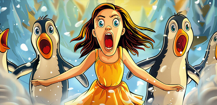 Fototapeta Ilustracja zszokowanej, zaskoczonej dziewczyny i pingwinów