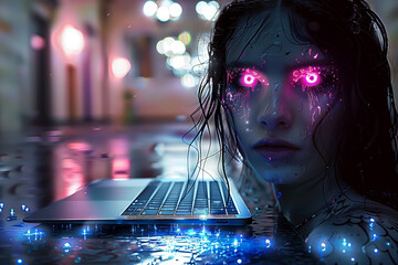 Cyber Kobieta przy klawiaturze komputera - obrazy, fototapety, plakaty