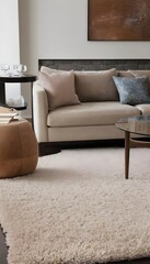 A close-up of an elegant living room's plush modern furniture, area rug, and sofa
