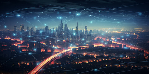Fototapeta na wymiar Landscape city with a lit up network, in the style of grandiose cityscape views, Modern City showed in Particles Hologram Cyberpunk Style