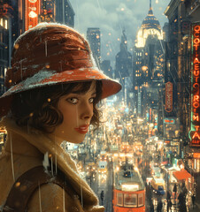 Kobieta z poprzedniej epoki, w kapeluszu, w tle zatłoczone miasto z wieżowcami - obrazy, fototapety, plakaty