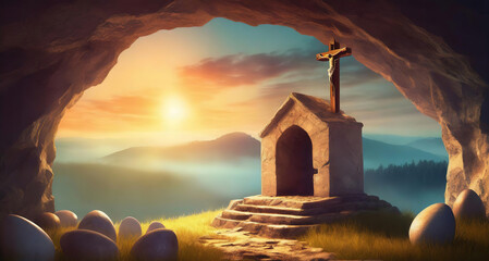Attractive Easter concept, Tomb Empty With Crucifixion At Sunrise - obrazy, fototapety, plakaty