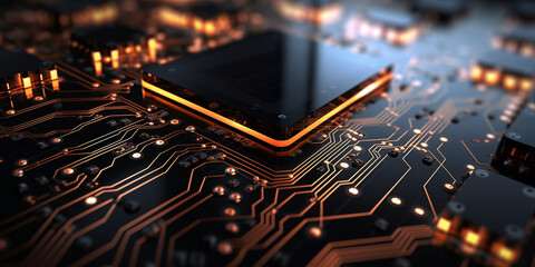 A sleek data center wallpaper Technology, Internet and network, Detail of an electrical circuit board or micro chip with a CPU. wide banner - obrazy, fototapety, plakaty