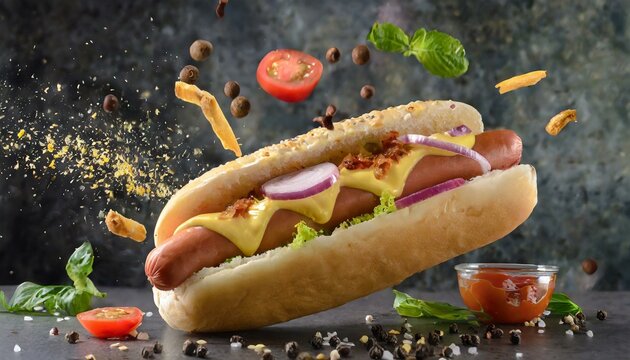Fast food ingredients flying through the air with photo studio lighting, spices and condiments, cheese, vegetables, bread and different meats