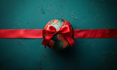 Globe wrapped in a vibrant red ribbon bow, symbolizing global gifts, international holidays, or worldwide generosity and celebration on a dark teal backdrop