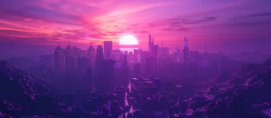Schilderijen op glas 3d illustration cyberpunk city with vibrant purple neon night. AI generated image © yusufadi