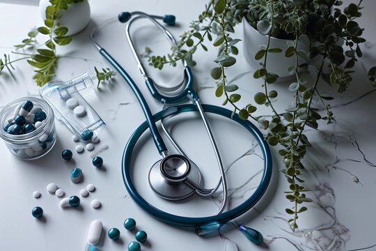 Top view doctor medical stethoscope and medicine pills, medical equipment background