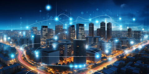 Obraz premium Modern City showed in Particles Hologram grandiose cityscape views Cyberpunk Style