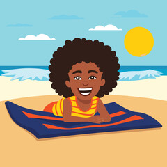 Happy AfricanAmerican girl lying beach towel, sunny beach day, smiling child, summer vacation vector illustration. Joyful kid enjoying seaside, holiday theme, cute youth beachwear vector
