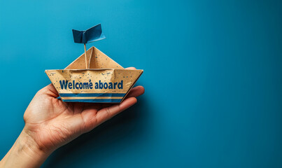 Hand presenting a paper boat with the message Welcome aboard against a blue background, symbolizing new beginnings and joining a team or company - obrazy, fototapety, plakaty