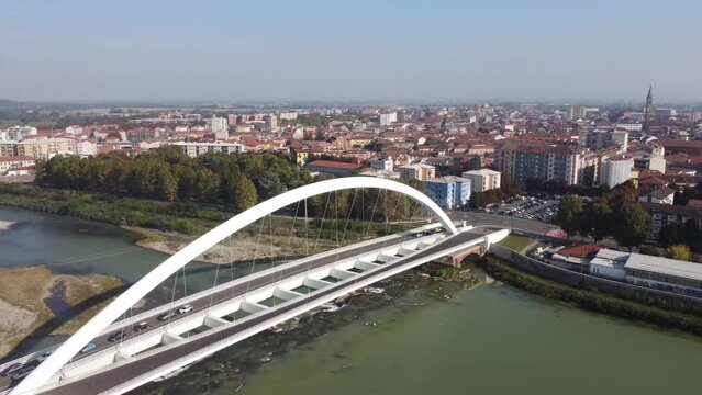 Aerial drone footage of the bridge  in Alessandria, Italy