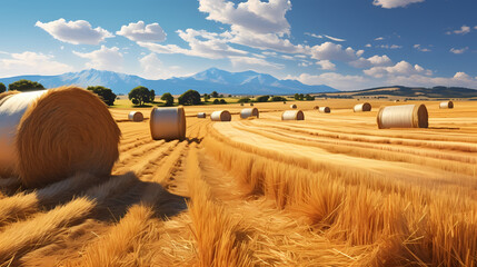 Golden hay bales in rural field with blue sky