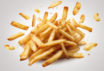 Flying French fries isolated on white background