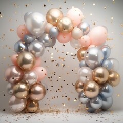 Beautiful abstract bright minimalistic background empty inside and with gold, silver, pink inflatable balloons