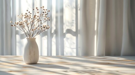 Beautiful abstract minimalistic background with a white wooden table and a white minimalistic vase with dried flowers