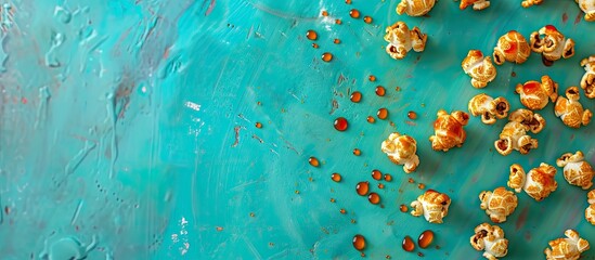 A painting depicting caramelized popcorn against a vibrant turquoise backdrop, creating a visually...