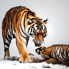 A huge tiger on a white background, devouring a pet.