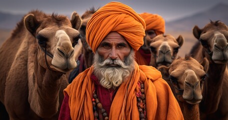 an indian man in an orange garment with several camels - obrazy, fototapety, plakaty