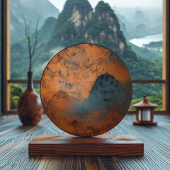 a round object on a wood stand