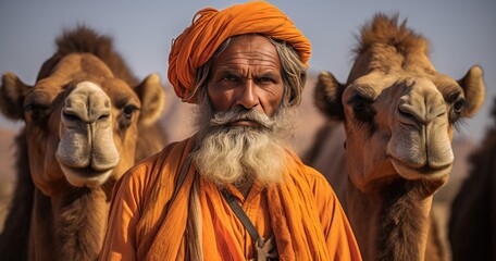 an indian man in an orange garment with several camels