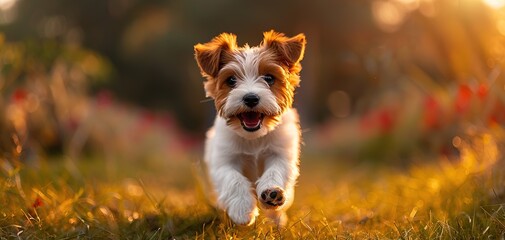 A very little puppy is running happily with floppy ears through a garden with green grass