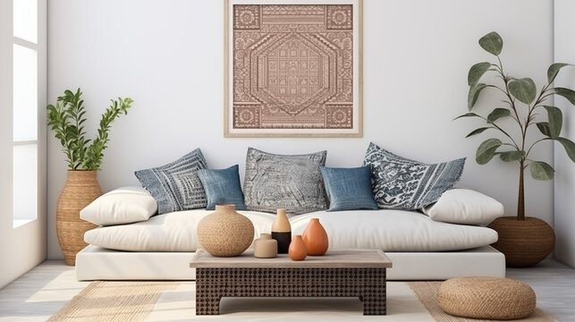 Fototapeta Jasny salon boho - marokański mockup dla obrazu na ścianie. Brązowe i beżowe kolory wnętrza. Render 3d. Wizualizacja. Sofa z poduszkami i stolik