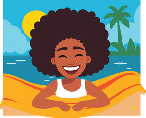 Happy AfricanAmerican woman relaxing beach towel sea. Smiling black lady enjoying summer vacation sunshine. Holiday relaxation, joyful beach day vector illustration