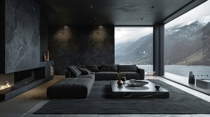 Beautiful minimalist interior in black tones - 746778155