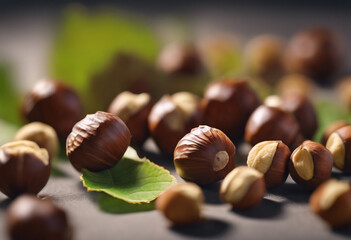 Hazelnuts with leaves cut out Pile Of Hazelnuts in its shell