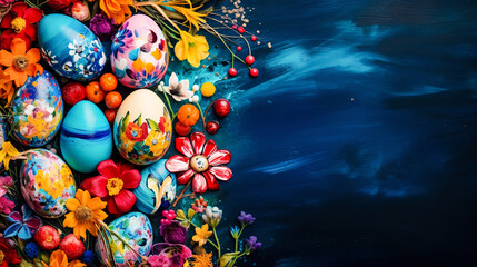Colorful easter eggs and flowers on blue background. Top view with copy space. Greeting card on an Easter theme. Happy Easter concept. - obrazy, fototapety, plakaty