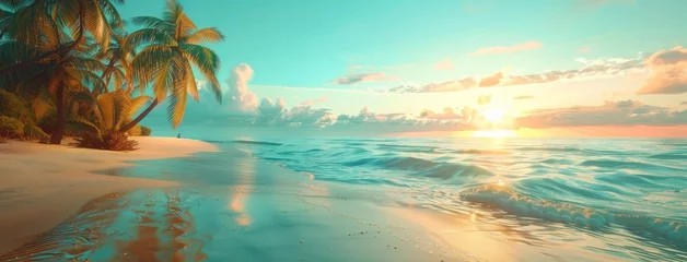 Foto op Plexiglas Koraalgroen beach with palm trees and sand